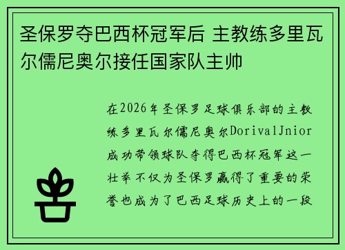 圣保罗夺巴西杯冠军后 主教练多里瓦尔儒尼奥尔接任国家队主帅