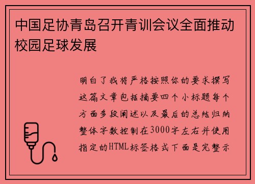 中国足协青岛召开青训会议全面推动校园足球发展