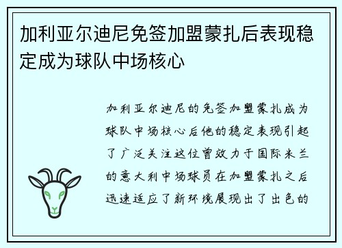 加利亚尔迪尼免签加盟蒙扎后表现稳定成为球队中场核心