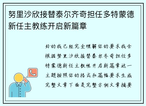 努里沙欣接替泰尔齐奇担任多特蒙德新任主教练开启新篇章